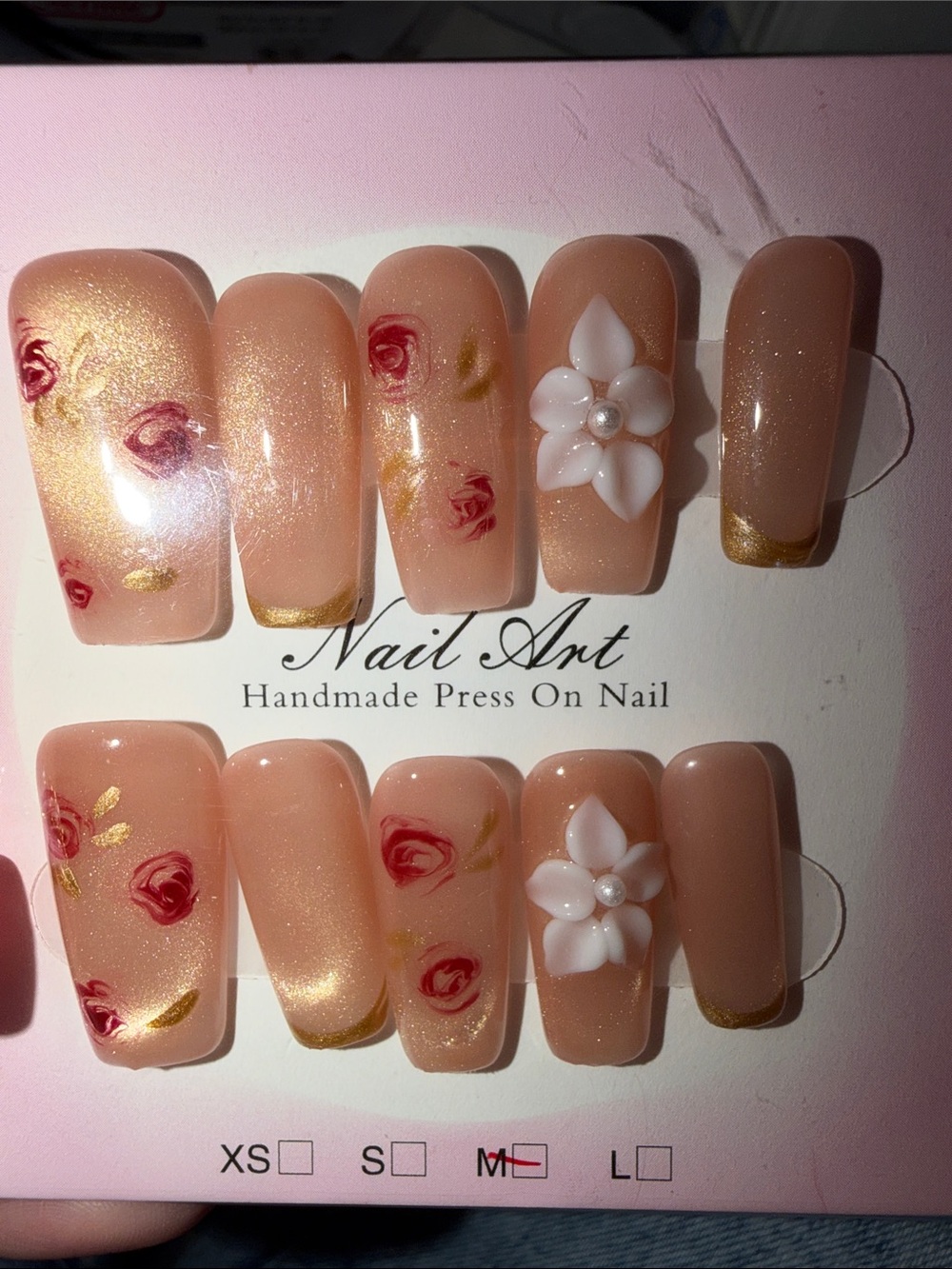 Handmade Press On Nails in Nude with Red Rose Accents